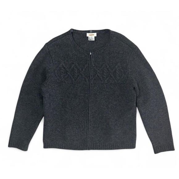 Vintage Talbots 100% Lambs Wool Womens Gray Full Zip Diamond Knit Sweater Size M - Picture 2 of 8